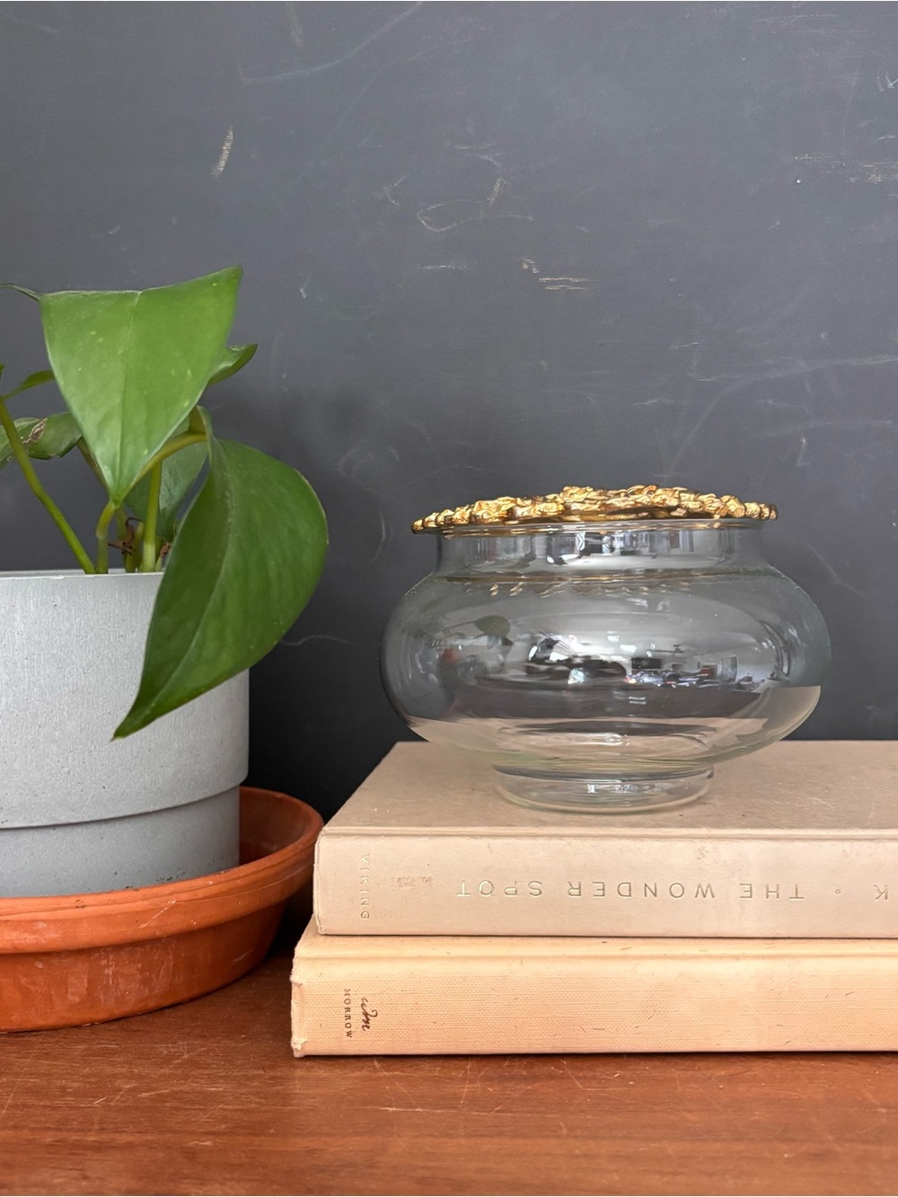 Vintage Potpourri Glass Vase with Gold Leaf Lid